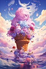 illustration of a summer ice cream in pink purple haze colours, surreal with flowers.
