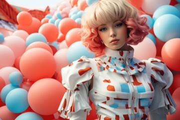 Futuristic retro fashion woman with pink blonde hair geometric pattern of balloons. Pop art.