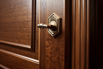 Stylish classic handle on a wooden door. Interior design. Generative AI