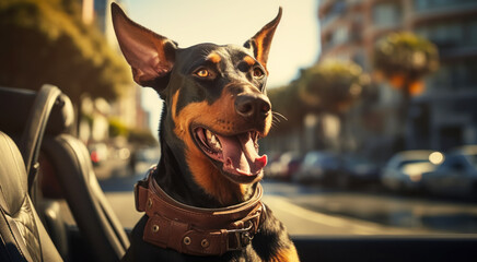 Doberman sitting in convertible and waiting for the owner, poster with an invitation to spring trip