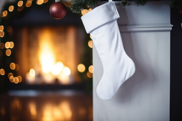 Mockup of white Christmas stock hangs on farmhouse fireplace. Generative AI