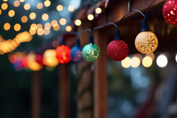 Colorful Christmas decorations and glass lanterns on a Christmas market. Generative AI