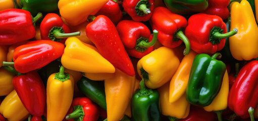 Red yellow and green bell peppers, banner - obrazy, fototapety, plakaty