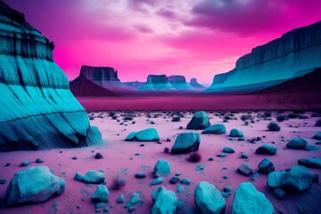 A desert landscape bathed in intense, otherworldly magenta and cyan hues, with surreal rock...