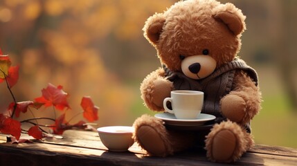Cozy Coffee Break: A Teddy Bear's Moment of Morning Bliss Steaming Dreams A Whimsical World Where Bears Sip Coffee - obrazy, fototapety, plakaty