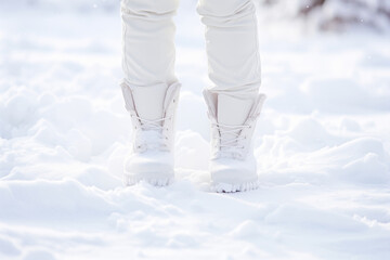 Woman boots in the snow. Female legs with white boots on, in deep snow. Winter background. Generative AI