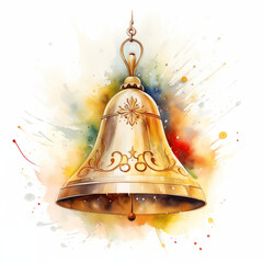 Golden christmas bell in watercolor design style - obrazy, fototapety, plakaty