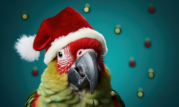 perruche ou perroquet avec un bonnet de Noël sur la tête