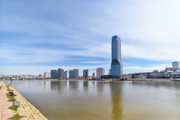 Belgrade, Serbia - March 29, 2023: View at Belgrade Waterfront buildings at Sava river.