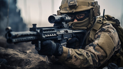 
Portrait of a military man in uniform with a machine gun. - obrazy, fototapety, plakaty