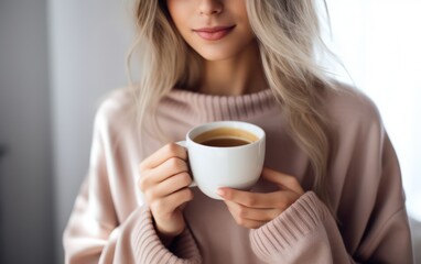 Closeup of female hands with a mug of beverage. Beautiful girl in purple sweater holding cup of tea or coffee in the morning sunlight. Mug for your design. Empty.