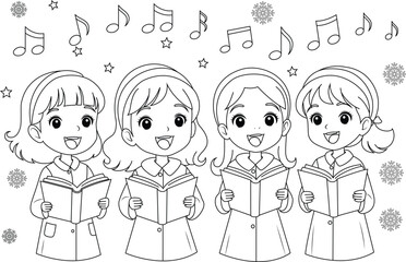Coloring page a group of children singing Christmas carols.