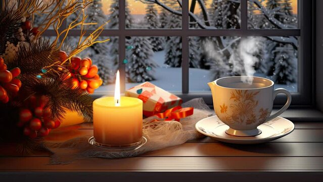 coffee at night with snowfall background. seamless looping time-lapse virtual 4k video animation background.	