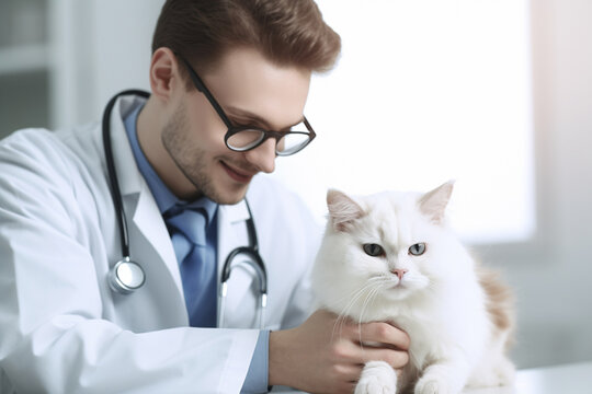 Portrait of a veterinarian doctor checking cat&rsquo;s health while holding and patting it carefully at an animal and pet clinic. Generative AI.