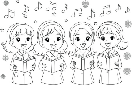 Coloring page a group of children singing Christmas carols.