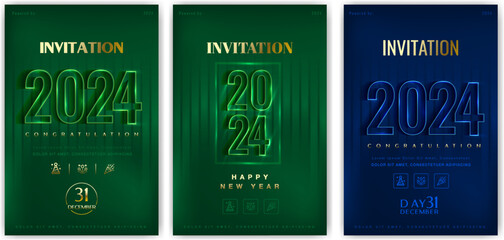 Set of Happy new year covers 2024. Classic design with neon numbers. New Year 2024 congratulatory invitation .