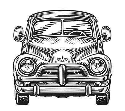 Retro car, front view. Vintage land transport. Hand drawn sketch vector illustration