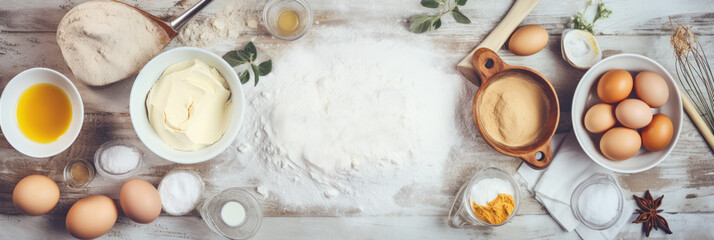 Fototapeta na wymiar bannière web représentant une table vue de dessus avec les ingrédients pour faire de la pâtisserie