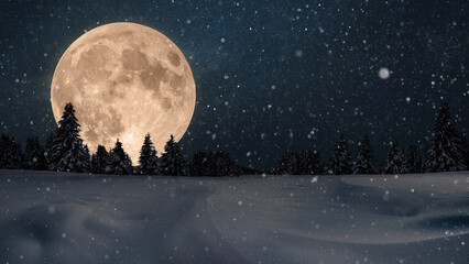 Amazing Christmas Eve night in the forest with snow and starry sky with a beautiful full moon,...