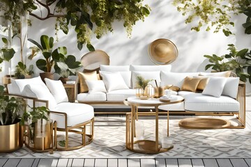 A stunning white and golden patio furniture set with intelligent climate control, placed in an outdoor space with abstract, natural elements.