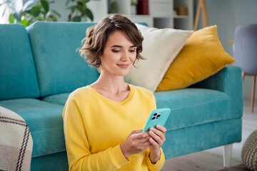 Photo of funny cute young lady dressed stylish sweater chatting instagram twitter telegram facebook...
