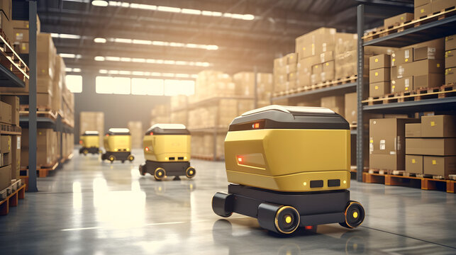  automated robot carriers streamlining operations in a smart distribution warehouse, epitomizing cutting-edge logistics.Copy text space
