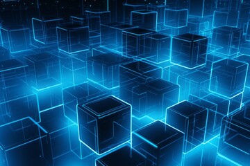 Obraz premium A Cryptic Canvas: Intersecting Blue Cubes in an Abstract Grid Landscape