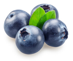 Blueberries with green leaves on white background. Full sharpness for each blueberry.