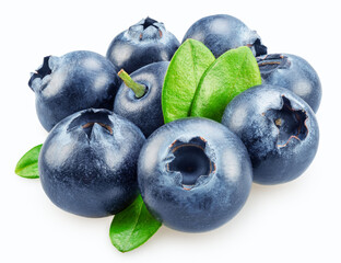 Blueberries with green leaves on white background. Full sharpness for each blueberry. File contains clipping path.