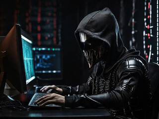 Cybercriminal (hacker) accessing the internet in front of a computer with a hoodie. 