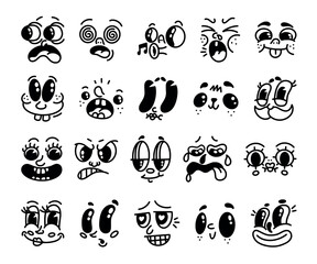 Fototapeta premium Retro faces. Cartoon vintage mascot, eye and mouth logo, funny comic smile stickers. Different emotional expressions, comics happy sad and surprised. Mascot face collection. Vector trendy design