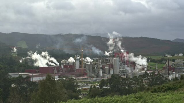 Timelapse of a paper industry with many smokestacks spewing smoke and polluting in a green rural area on a cloudy and windy day