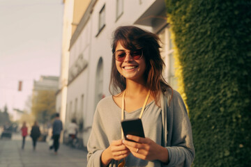 Outdoor Portrait of a Beautiful Urban Young Caucasian Woman Smiling, Looking Around and Holding the Smartphone