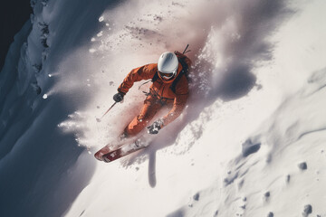Overhead perspective of a powder skier descending pristine slope