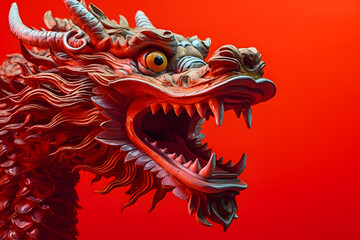 Traditional chinese dragon sculpture on red background. 2024 Chinese year of the dragon