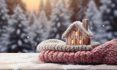 Small Figure of house with knitted scarf against blurred bokeh lights, symbol for heating system or cold snowy winter. Heating season, warm up, home heating, money and energy saving concept - obrazy, fototapety, plakaty