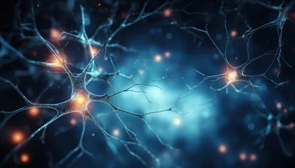 Foto op Canvas Diseño de la actividad neuronal en el cerebro. Estimulación neuronal y optogenética. La actividad de las neuronas recorre la corteza cerebral. Enfermedad de Alzheimer. © C.Castilla