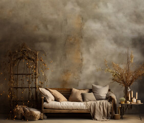 Diseño interior de sala de estar con espacio de copia. Pared vacía. Decoración interior minimalista en tonos cálidos, estilo otoño e invierno. Sofá y muebles de madera.