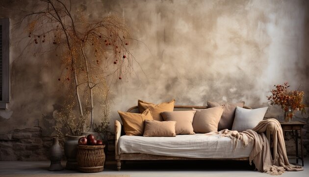 Dise&ntilde;o interior de sala de estar con espacio de copia. Pared vac&iacute;a. Decoraci&oacute;n interior minimalista en tonos c&aacute;lidos, estilo oto&ntilde;o e invierno. Sof&aacute; y muebles de madera.