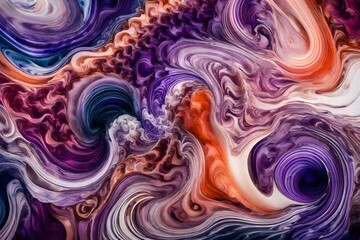 Liquid colors of amethyst and coral cascading in a hypnotic swirl, creating a captivating and dreamy abstract composition.