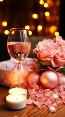 Flowers, colorful tulips, champagne and box gift glasses Celebrate Valentine's Day