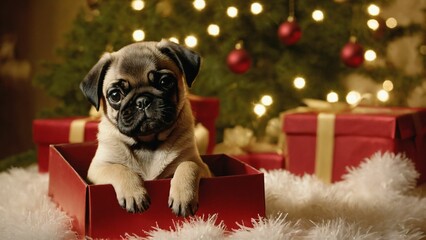 Puppy in a gift box for Christmas, Cute pet in a box, Christmas Background