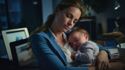 An office worker women with a newborn baby at home is sleep-deprived