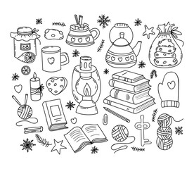 Cozy winter and hobby doodle collection. Books, knitting threads, cookies, jam and cup with teapot in outline hand drawn style. Vector illustration