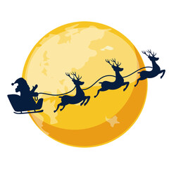 Cartoon orange night moon with the silhouette of Santa Claus in the sleigh. Christmas day.