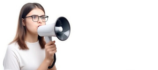 Naklejka premium Girl megaphone speak banner. Person fun loud articulate palm. Generate Ai