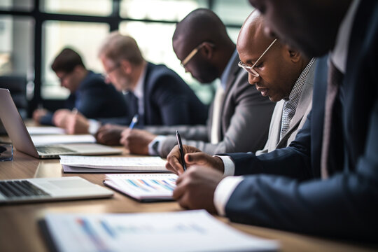Multi racial diverse group of people working with Paperwork on a board room table at a business presentation or seminar, The documents have financial or marketing figures, graphs and charts on them