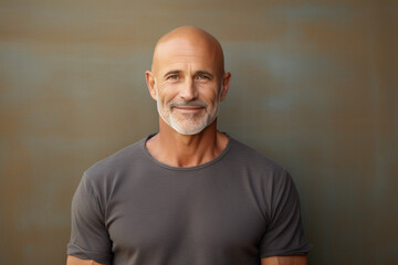 Minimal waist up portrait of mature bald man smiling at camera while standing confidently with arms crossed, copy space