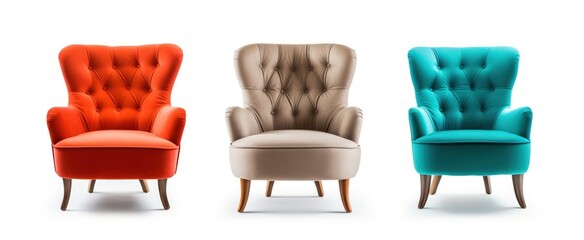 Set of Classic three armchair and three color art deco style in turquoise velvet with wood legs isolated on white background	