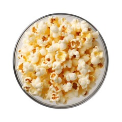 Popcorn in the wooden bowl, isolated on white background, top view.